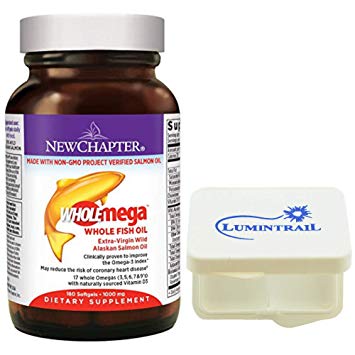 New Chapter Wholemega Fish Oil Supplement Wild Alaskan Salmon Oil with Omega 3 Plus Vitamin D3, Astaxanthin, 180 Softgels Bundle with a Lumintrail Pill Caseÿ