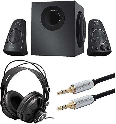 Logitech Z623 400 Watt Home Speaker System Bundle with Knox Gear Headphones and Audio Cable (3 Items)