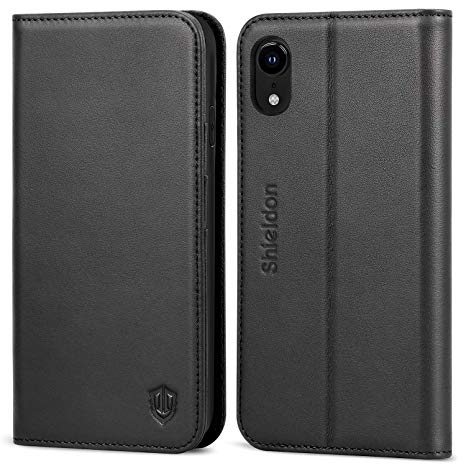 iPhone XR, iPhone XR Wallet Case, SHIELDON Genuine Leather [RFID Blocking Card Slots] Folio Case with Magnetic Closure Kickstand Compatible with iPhone XR (6.1 inch) - Black