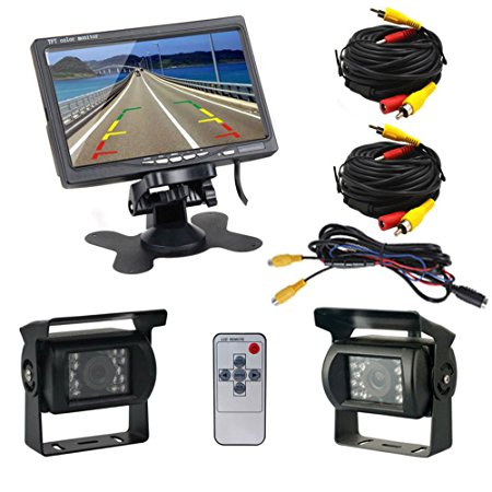 Podofo® 7" TFT LCD Rear View Monitor 2 x Backup Cameras 18 IR LED Night Vision Waterproof Rearview Reverse Camera for Truck RV Bus