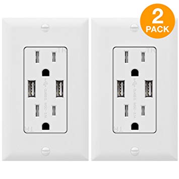 TOPGREENER TU2153A Outlet with USB, 3.1A USB Outlet, USB Wall Outlet, USB Charger Outlet, Dual USB Charger with 15A Tamper Resistant Duplex Receptacle, 2-Pack, White