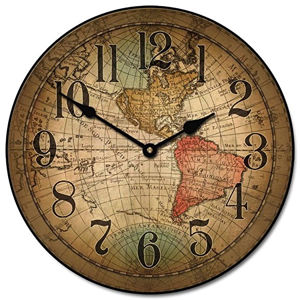 Vincenzo World Map Wall Clock, Available in 8 sizes, Most Sizes Ship the Next Business Day, Whisper Quiet.