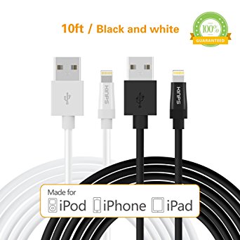 Kinps Apple MFi Certified Lightning to USB Cable 10ft/3m iPhone Charger Cord Super Long for iPhone 7 / 7 Plus / 6S / 6S Plus / 6 / 6 Plus / SE / 5S / 5, iPad Pro / Air / Mini (White   Black)