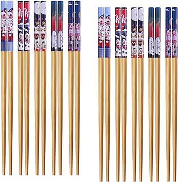 GLAMFIELDS 10Pairs Handmade Natural Bamboo Chopsticks Healthy Asian Japanese Korean Noodles Sushi Chopsticks Set Reusable Gift Tableware-Cute Cat Drawing