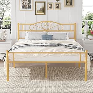 VECELO Metal Platform Bed Frame with Headboard & Footboard, Steel Slats Mattress Foundation, No Box Spring Needed, Full Size, Gold