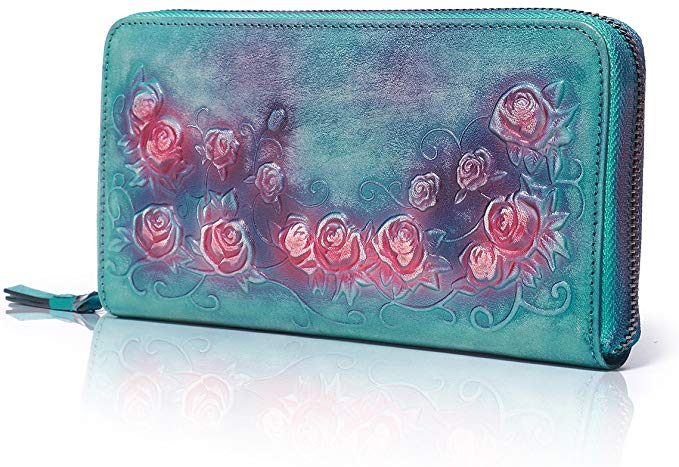APHISON Women's Zipper Wallets, Designer Header Layer Cowhide Leather Embossed Card Clutch Holder Purse/Gift Box