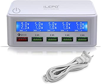 iLEPO Multiple USB Charger,50W 12A 5-Port Desktop Charger Station with QC 3.0 and LCD Display for iPhone, iPad, Other Smart Devices ETS.