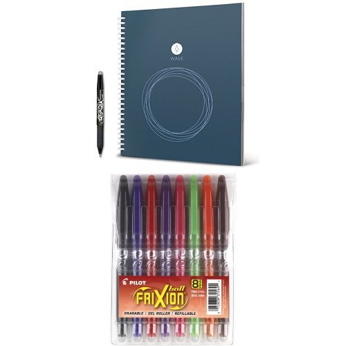 Rocketbook Wave Smart Notebook and Pilot FriXion Ball Erasable Gel Pens, Fine Point, 8-Pack Pouch, Black/Blue/Red/Pink/Purple/Orange/Lime/Brown Inks (31569) Bundle