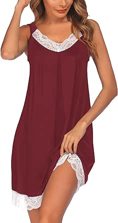 Ekouaer Damen Nachthemd Ärmellos Chemise Nachtwäsche Sexy Lose Full Slips Spitze Negligee V-Ausschnitt Sleepshirt Soft Jersey Dessous S-XXXL