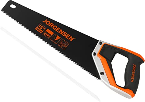 JORGENSEN 15” Hand Saw, Black Coated Coarse Handsaw 8TPI for Wood Cutting, Ergonomic Non-Slip Aluminum Handle for Sawing, Trimming, Gardening, Pruning, PVC