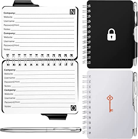 2 Pieces Protable Password Book Password Organizer Notebook Keys and Locks Pattern Password Book Keeper with Pen, Spiral Bound Notebook for Password Information (Black, Grey)