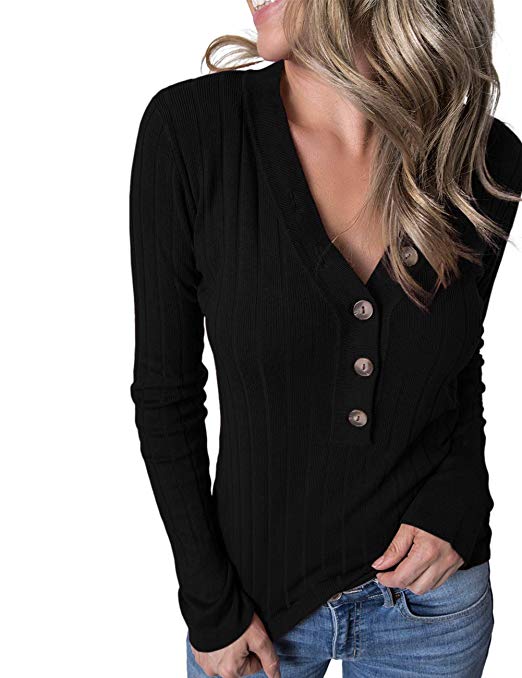 MEROKEETY Women's Long Sleeve V Neck Ribbed Button Knit Sweater Solid Color Tops