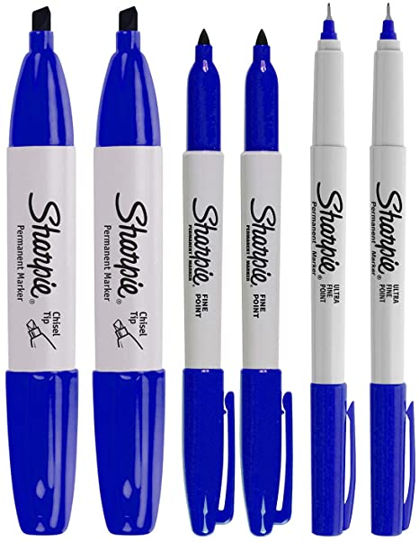 Sharpie Permanent Markers, 6 Pack Assorted Sizes, Ultra Fine Tip, Fine Tip and Chisel Tip Permanent Markers (Blue)