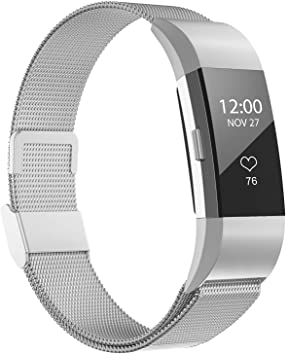 iGK Compatible for Fitbit Charge 2 Bands, Stainless Steel Metal Loop with Magnetic Replacement Strap for Women Men Wristbands