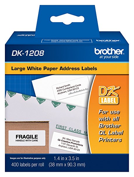 Brother DK-1208 Large Address Paper Label Roll (1.4x3.5, 400-Count) - Retail Packaging