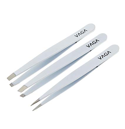 VAGA Set of 3 Premium Quality Stainless Steel Precision Tweezers In White With Pointed / Pointy, Slant / Slanted and Straight / Flat Heads / Tips For Nail Art, Beauty Makeup, Arts And Crafts