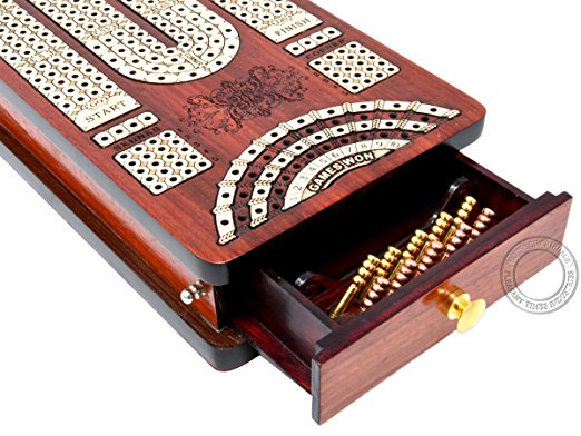 Continuous Cribbage Board Bloodwood / Maple and Side Pull Drawers - 4 Tracks with Place to Mark Won Games - House of Cribbage