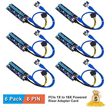 PCIe Riser,ATIVI 6Pack 6 Pin PCIe 1X to 16X Powered Riser Adapter Card with 60cm USB 3.0 Extension Cable and PCIe to SATA Cable GPU Adapter Ethereum ETH Bitcoin Litecoin Mining Graphics Card