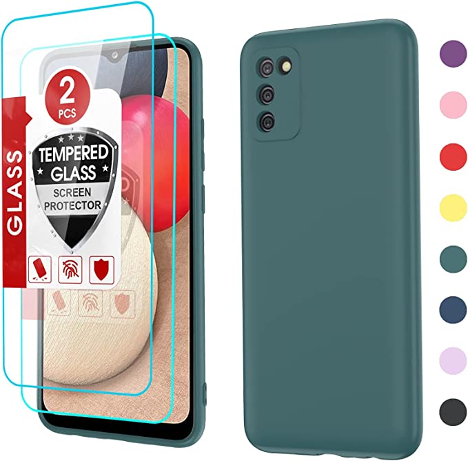 Galaxy A02S Case, Samsung A02S Phone Case with 2 Pack Tempered Glass Screen Protector for Women Men, LeYi Liquid Silicone Slim Silky-Soft Gel Rubber Phone Case Cover for Samsung Galaxy A02S, Green