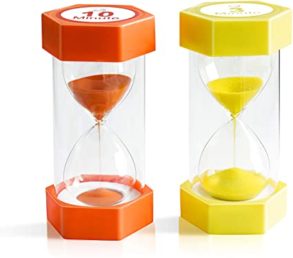 Sand Timer,XINBAOHONG Hourglass Sand Timer 3 Minutes 10 Minutes Timer Clock for Kids Games Classroom Home Office Kitchen Use (Pack of 2) (6.3''X 3.2'', 3 Min(Yellow) and 10 Min(Orange))