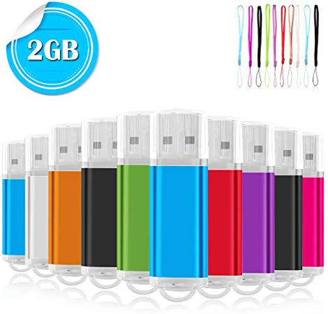 2GB USB Flash Drives 10 Pack, EASTBULL USB 2.0 Thumb Drives Memory Sticks USB Sticks with 10 Lanyards for Storage (Multicolors)