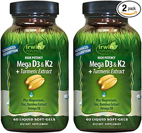 Irwin Naturals High Potency D3 & K2 Complex Support for Healthy Bones, Immune Function & Positive Mood - Advanced Absorption with Magnesium, Turmeric, Bamboo & Omega Oil - 60 Liquid Softgels (2 Pack)