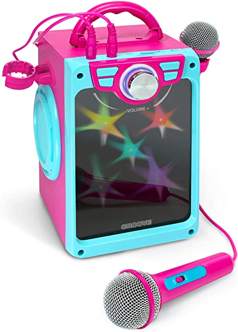 Croove Karaoke Machine for Kids | Karoke Set with 2 Microphones | Bluetooth/AUX/USB Connectivity | Pink Kareoke Machine for Girls | Portable Singing Machine with Flashing Disco Lights