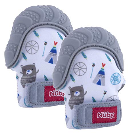 Nuby Soothing Teething Mitten with Hygienic Travel Bag, Grey (2 Pack)