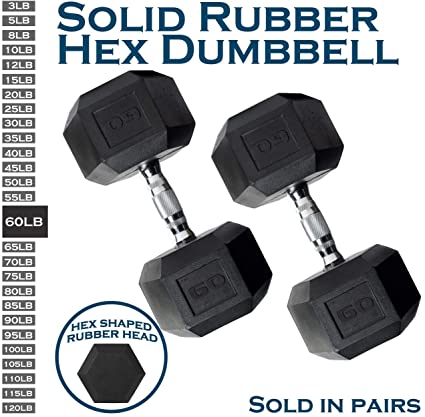 WF Athletic Supply Rubber Coated Solid Steel Cast-Iron Pair Dumbbells, Rubber Hex Dumbbells, Hex Weights Dumbbells for Muscle Toning, Full Body Workout, Home Gym Dumbbells, Pair