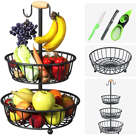 Countertop Fruit Basket Bowl, Fruit Basket with Banana Hanger, 2 Tier Detachable Fruit basket for Kitchen Counter, 3 Tier Vegetable and Fruit Holder Black