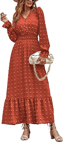 MASCOMODA Women Boho Maxi Dress 2023 Long Sleeve V Neck Swiss Dot Smocked High Waisted A-Line Ruffle Tiered Fall Long Dress