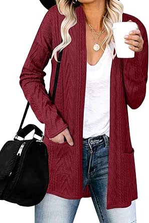 MEROKEETY Women's Casual Long Sleeve Open Front Cable Knit Cardigans Lightweight Solid Color with Pockets