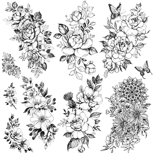 Kotbs 6 Sheets Large Sexy Flower Rose Temporary Tattoos for Women Girls Adults, Body Art Fake Arm Tattoo Stickers, Waterproof Black Floral Tattoo Temporary Chrysanthemum Tatoos