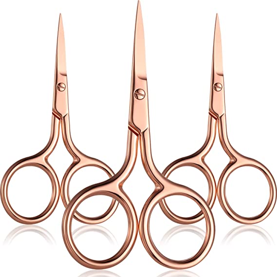 3 Pack Nose Hair Scissors Facial Hair Scissors Small Scissors Stainless Steel Straight Tip Scissor for Eyebrows, Nose, Moustache, Beard (Rose Gold)