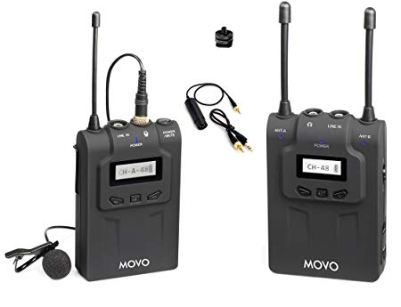 Movo WMIC80 UHF Expandable Wireless Lavalier Microphone System with Lavalier Mic & Bodypack Transmitter, Portable Receiver, Shoe Mount for DSLR Cameras (330' Range)