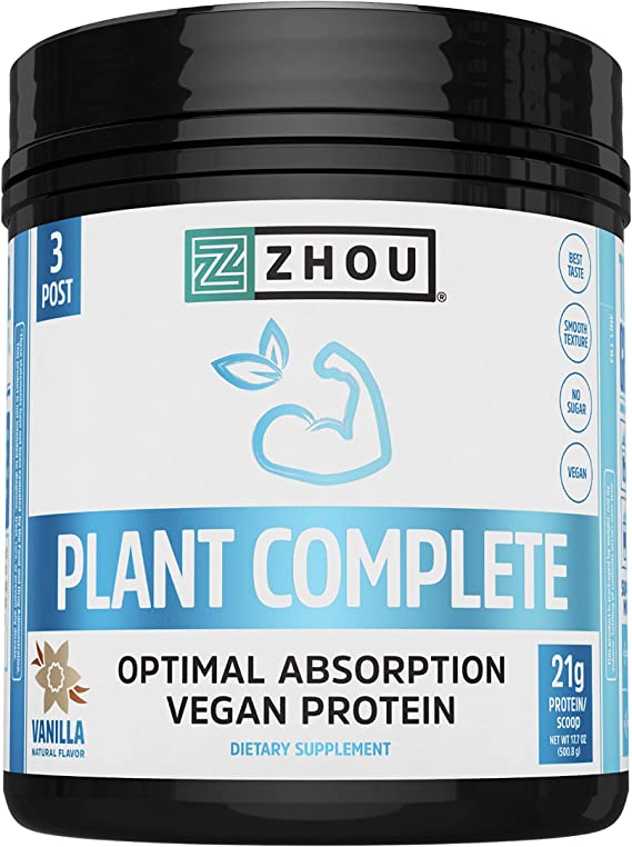Zhou Nutrition Plant Based Vegan Protein Powder, Best Absorption & Digest Score, Complete Amino Acid Profile, Dairy Free, Soy Free, Gluten Free, Sugar Free, Vanilla, 21g Protein/Scoop - 16 Servings