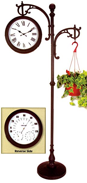 Backyard Creations "73" Double Sided Pedestal Clock / Weather Station With Plant Holder