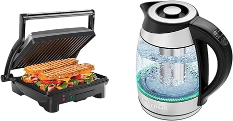 Chefman Panini Press Grill and Gourmet Sandwich Maker Non-Stick Coated Plates, Opens 180 Degrees to Fit Any Type & Electric Kettle with Temperature Control, 5 Presets LED Indicator Lights