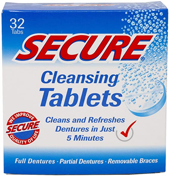 Secure Cleansing Tablets Zinc Free Formula Removes Odors, Stains, Bacteria, Germs - Clean Dentures, Partials & Removable Braces - 32 Tablets