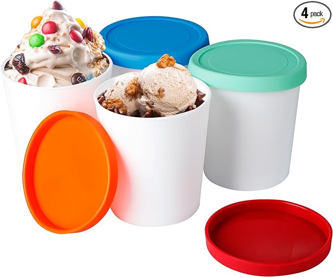 Ice Cream Containers for Homemade, Ice Cream Containers Set (4 Pack - 1 Quart Each), Reusable Ice Cream Storage Containers for Freezer, Leak-Free Ice Cream Containers with Silicone Lids