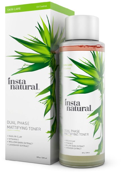 InstaNatural Mattifying Toner - Dual Phase for Facial Oil Control & Matte Skin - Anti Shine Daily Primer with Pure & Natural Mineral Extracts - Alcohol Free Pore Reducer for All Day Beauty Care - 8 OZ