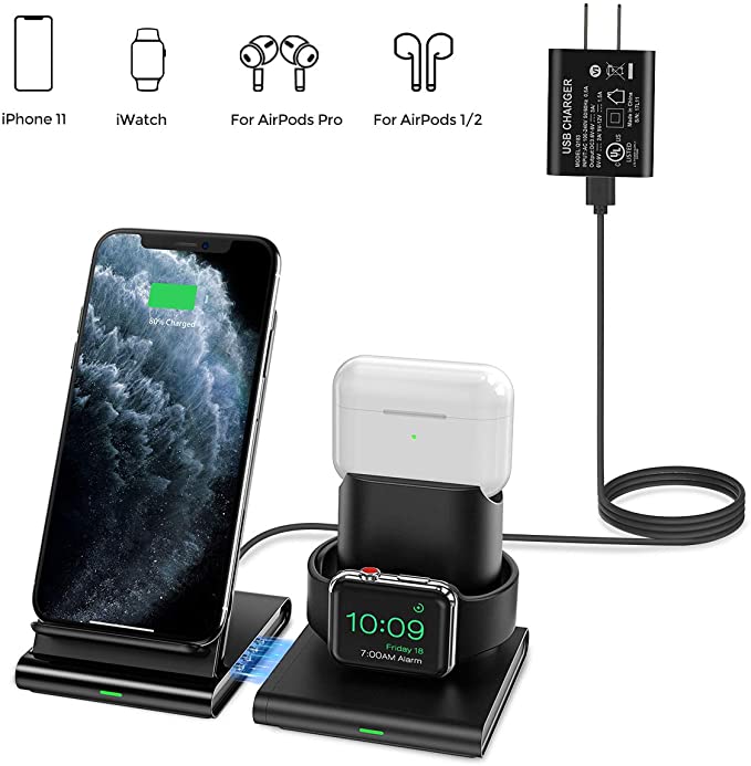 Seneo Wireless Charger, 3 in 1 Wireless Charging Station for Apple Watch, AirPods, Detachable and Magnetic Wireless Charging Stand for iPhone 11/11 Pro Max/X/XS/XR/Xs Max/8/8 Plus(with QC 3.0 Adapter)