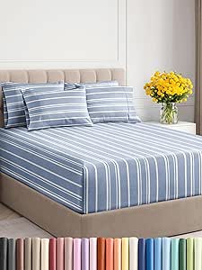 Extra Deep Queen Sheet Set - 6 Piece Breathable & Cooling Sheets - Hotel Luxury Bed Sheets Set - Easy Fit - Soft, Wrinkle Free & Comfy Sheets Set - Blue Striped Sheet Set w/Extra Deep Pockets