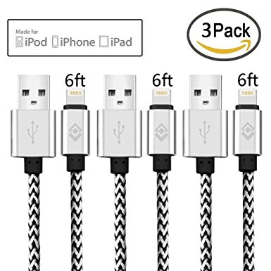 Lightning Cable, 3packs 6ft/2m USB Cable Nylon Braided Tangle-free High Speed Data Sync Charger Cord with Aluminum Connector for Apple iPhone 6/6s/5/5s/5c Plus iPad iPod iPad Air Mini (silver)