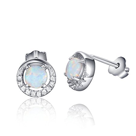 Acxico Round Shape 925 Sterling Silver with Natural Opal Stones Crystal Inlaid Stud Earrings