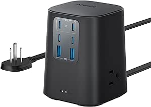 Anker Charging Station (100W), 9-in-1 USB C Power Strip with 300J Surge Protection, for iPhone 15 and MacBook, 5 ft Flat Cable and Plug, 4 USB C and 2 USB A Ports, 3 AC Outlets, for Home, Office