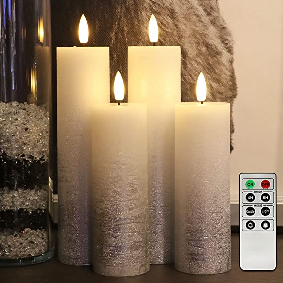 Slim Battery Operated Flameless LED Candles, Textured Wax Finish, Batteries and Remote Included - Dia. 5 cm -Set of 4