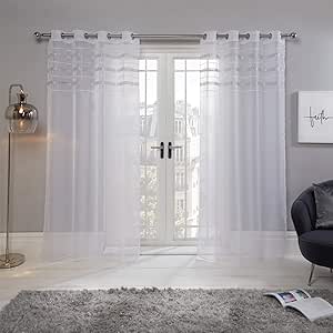 Sienna Latina Pair of 2 x Diamante Glitzy Voile Net Curtains Eyelet Ring Top Window Panels, Pure White - 55" wide x 87" drop