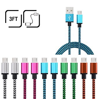 Micro USB Cable, Ailkin High Speed [10-Pack] 3Ft Nylon Braided USB 2.0 A Male to Micro B Data Sync & Charging Cable for Samsung and Other Android Smartphone, Colorful