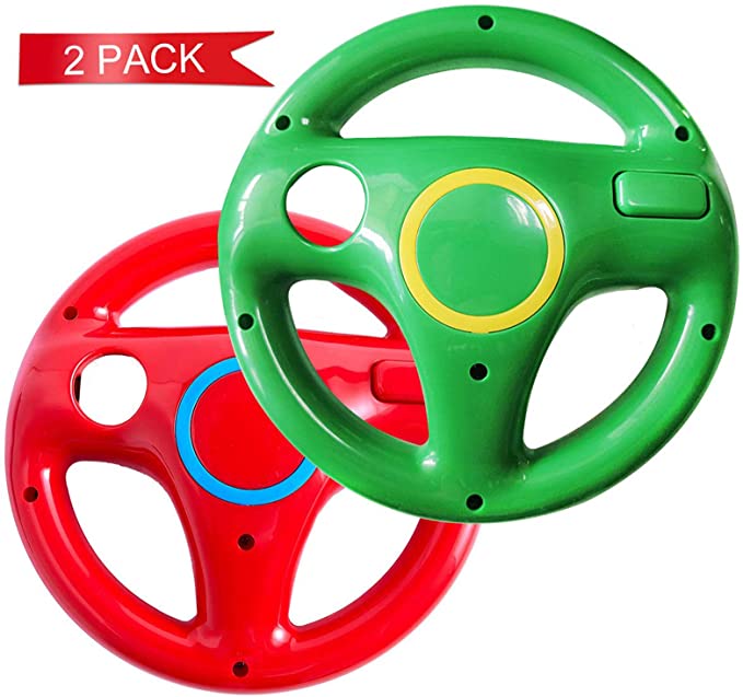 DOYO 2 Pack Red and Green Wheel Steering Wii Controller Design Stand Mario Kart Racing Game Steering Wheel Stand for Wii Game Controller